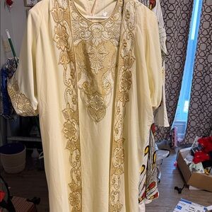 Embroidered Ivory Maxi Dress with Gold Detail